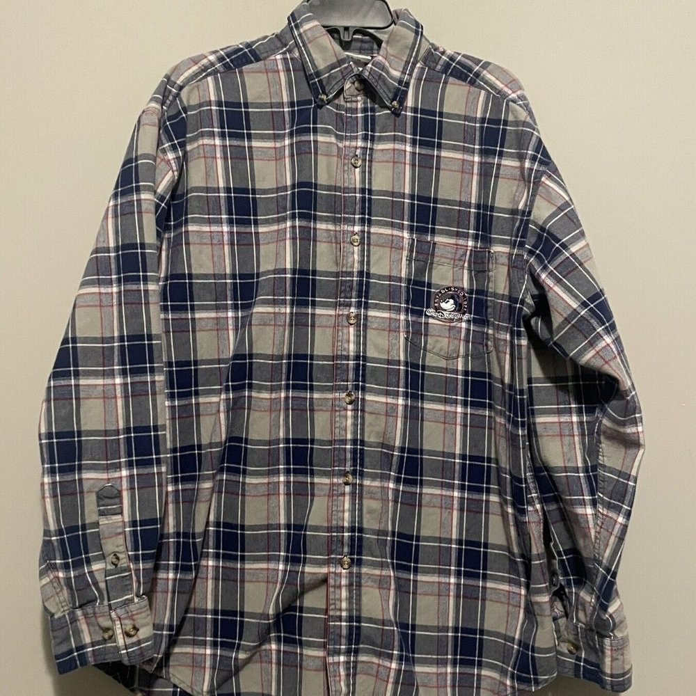 Disney Store Mickey Shirt Men’s Large Gray Long Sleeve Flannel Button Up Plaid
